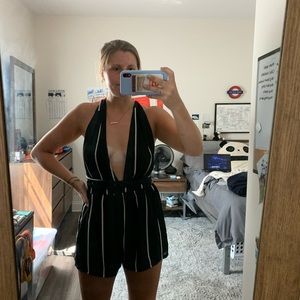Black and White Deep V romper w adjustable straps